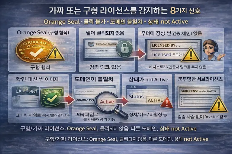 2026년 카지노 라이선스 확인: 가짜·구형 라이선스 8가지 신호(Orange Seal, 클릭 불가, 도메인 불일치, 상태 not Active)